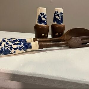 Blue and White Ceramic Handle Utensils with Teak Salt and Pepper Shakers